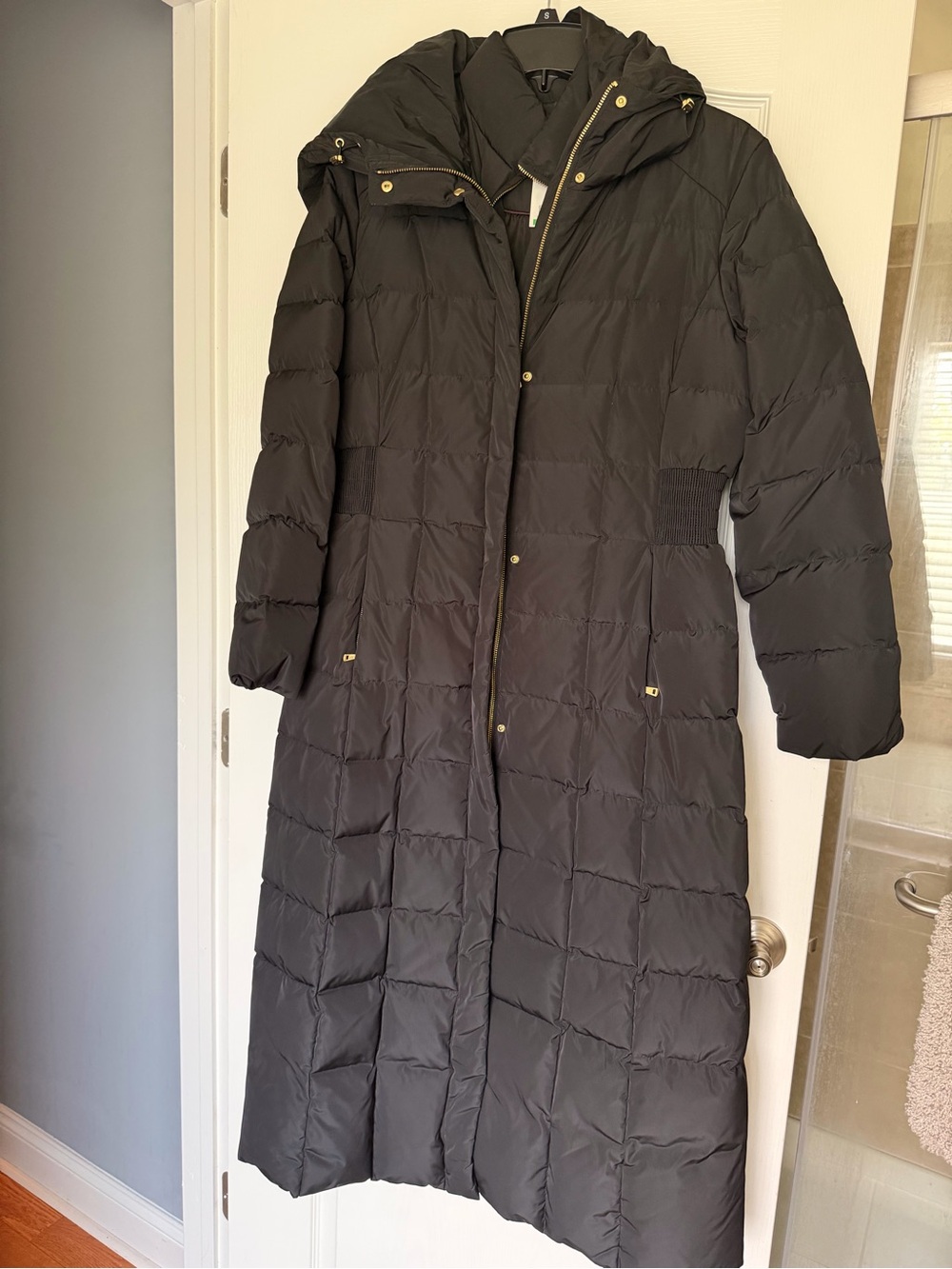 Cole Haan Long Black Quilted Hooded Puffer Coat